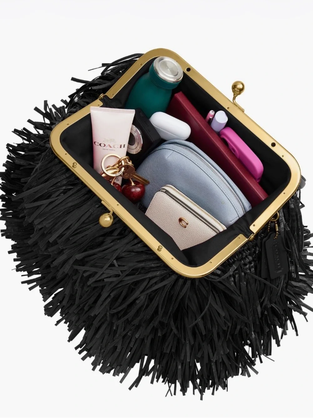 COACH Kisslock Frame Bag 27 in Black Straw Fringe Clutch Bag - NWT